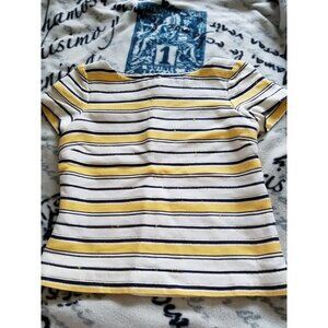 C. Wonder Top Silk Blend WhiteNavyYellowGold Stripe Nub Fabric Short Sleeve (00)